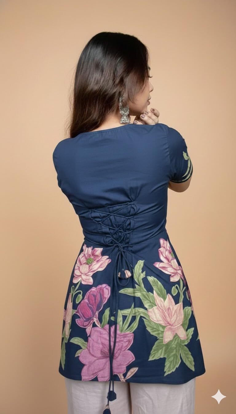 Women's Pure Cotton Pichwai Floral Print Kurti Tunic Top, Short Sleeve, Machine Washable with Lining