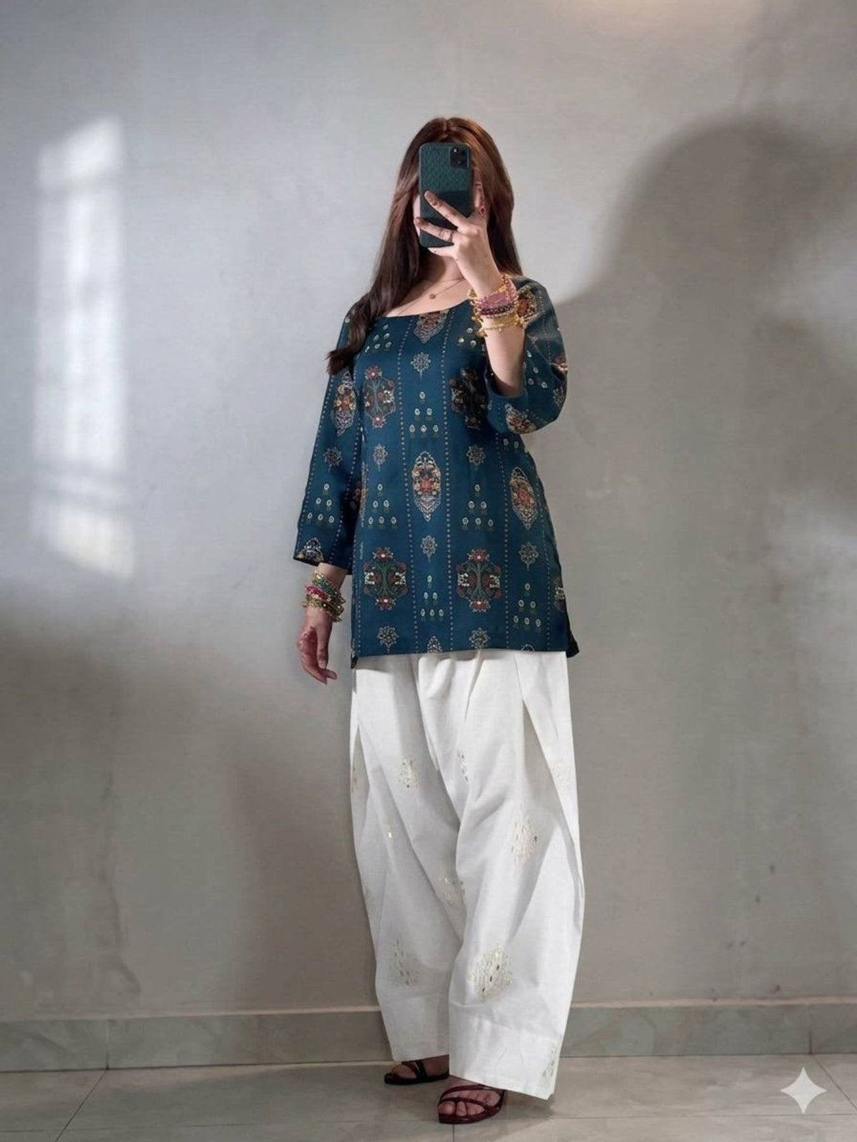Authentic Blue Muslin Cotton Kurti with White Farshi Palazzo and Embroidery Work