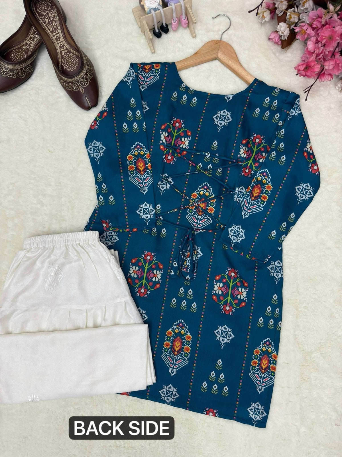 Authentic Blue Muslin Cotton Kurti with White Farshi Palazzo and Embroidery Work
