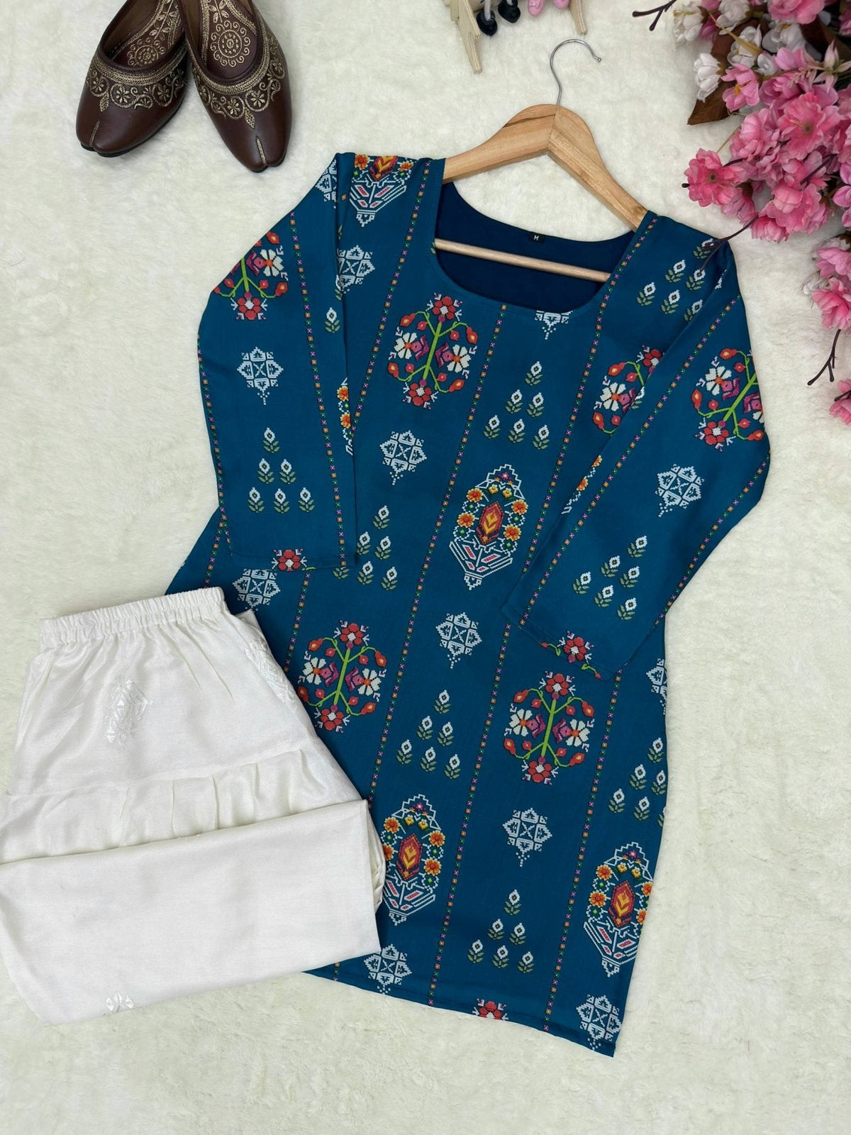 Authentic Blue Muslin Cotton Kurti with White Farshi Palazzo and Embroidery Work