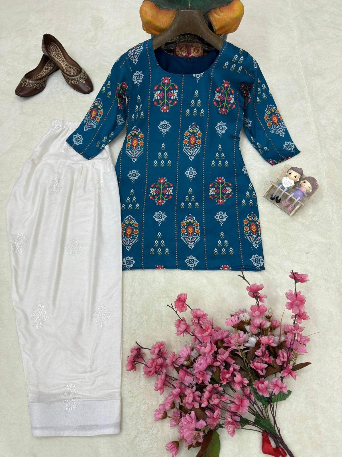 Authentic Blue Muslin Cotton Kurti with White Farshi Palazzo and Embroidery Work