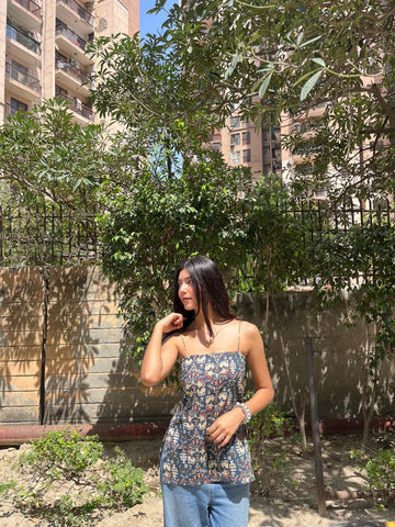 Charcoal blue Ethnic Motif Print Cotton Spaghetti Top for Women (Buy 1 Get 1 Free)