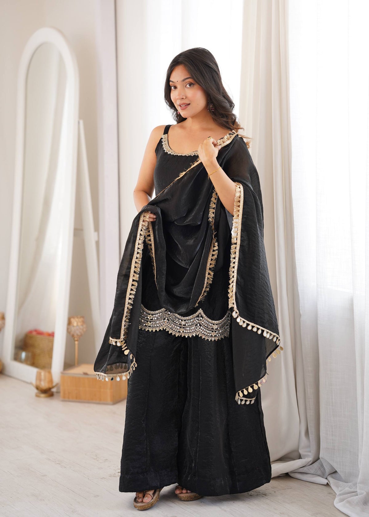 Fendy Silk Real Mirror Work Sharara Suit Set with Dupatta