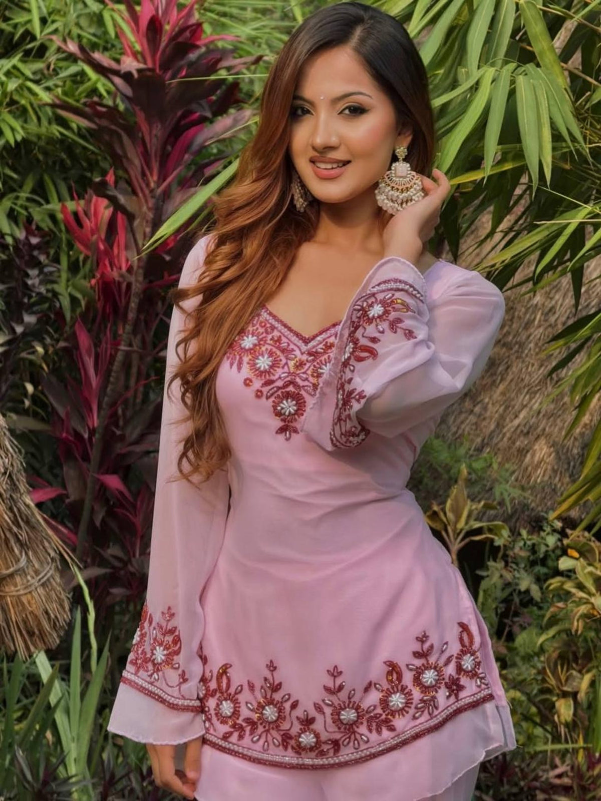 Pastel Pink Georgette Suit  Embroidered Peplum Kurti, Flared Sleeves, Palazzo Pent