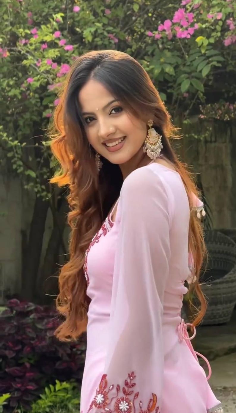 Pastel Pink Georgette Suit  Embroidered Peplum Kurti, Flared Sleeves, Palazzo Pent