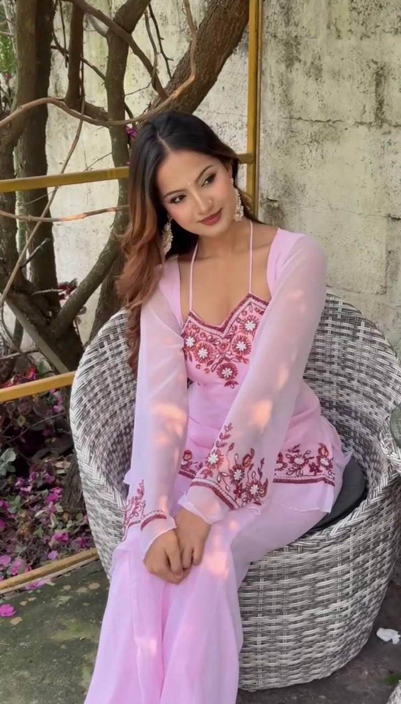 Pastel Pink Georgette Suit  Embroidered Peplum Kurti, Flared Sleeves, Palazzo Pent