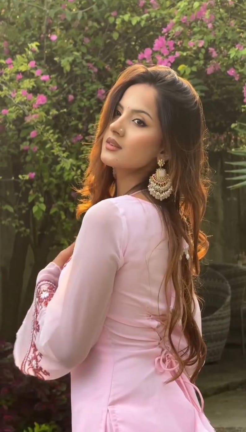 Pastel Pink Georgette Suit  Embroidered Peplum Kurti, Flared Sleeves, Palazzo Pent
