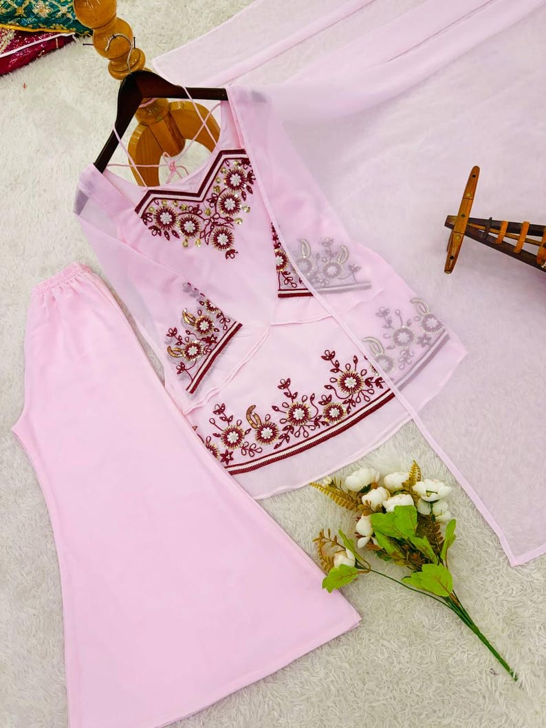 Pastel Pink Georgette Suit  Embroidered Peplum Kurti, Flared Sleeves, Palazzo Pent