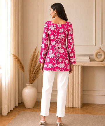 Pink Floral Printed Cotton Straight Fit Women Top
