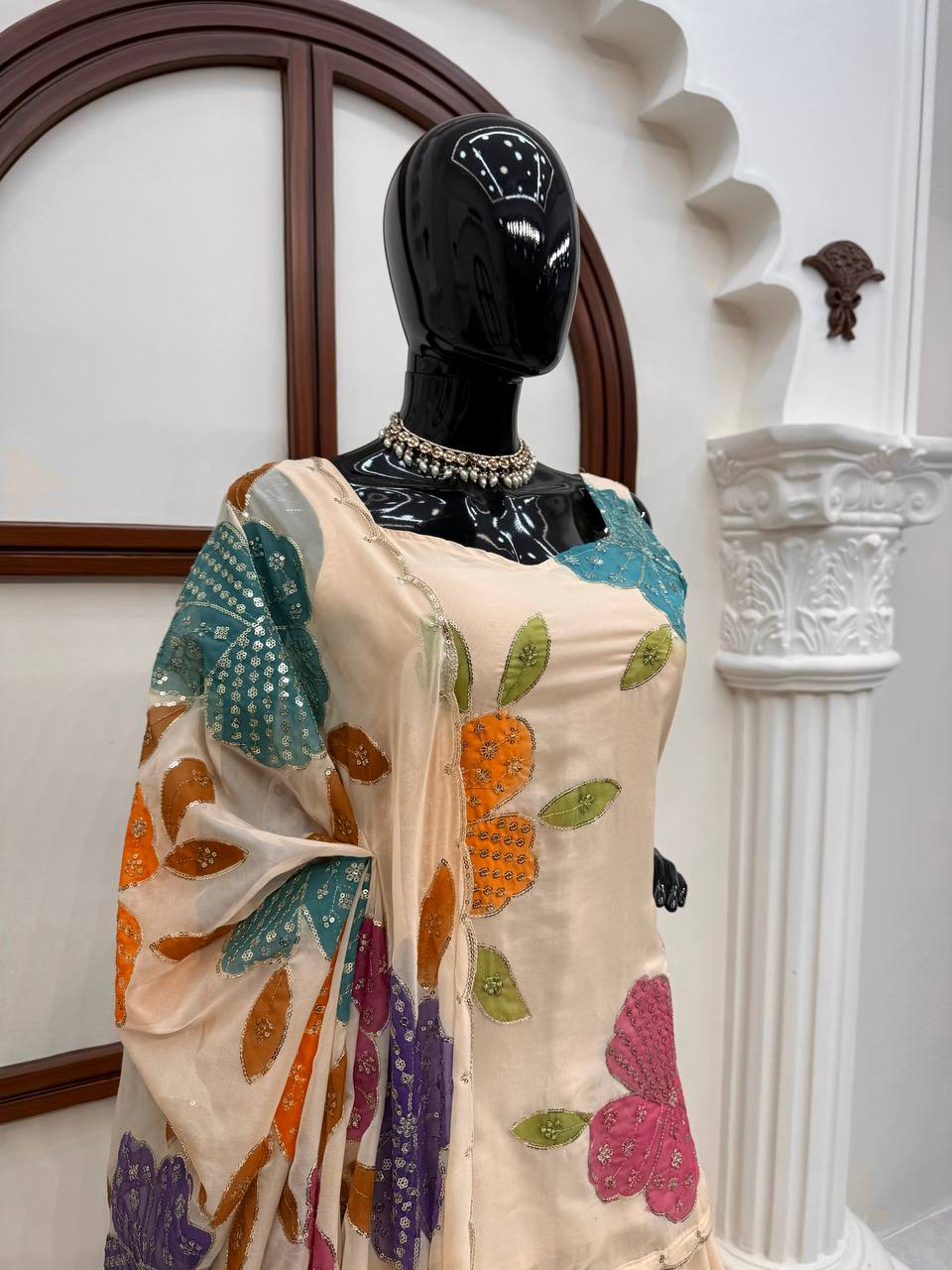 Raksha Bandhan Special Cream Organza Sequence Western Dress