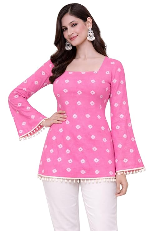 Women's Rayon Printed Staight Short Kurti Bell Sleeves