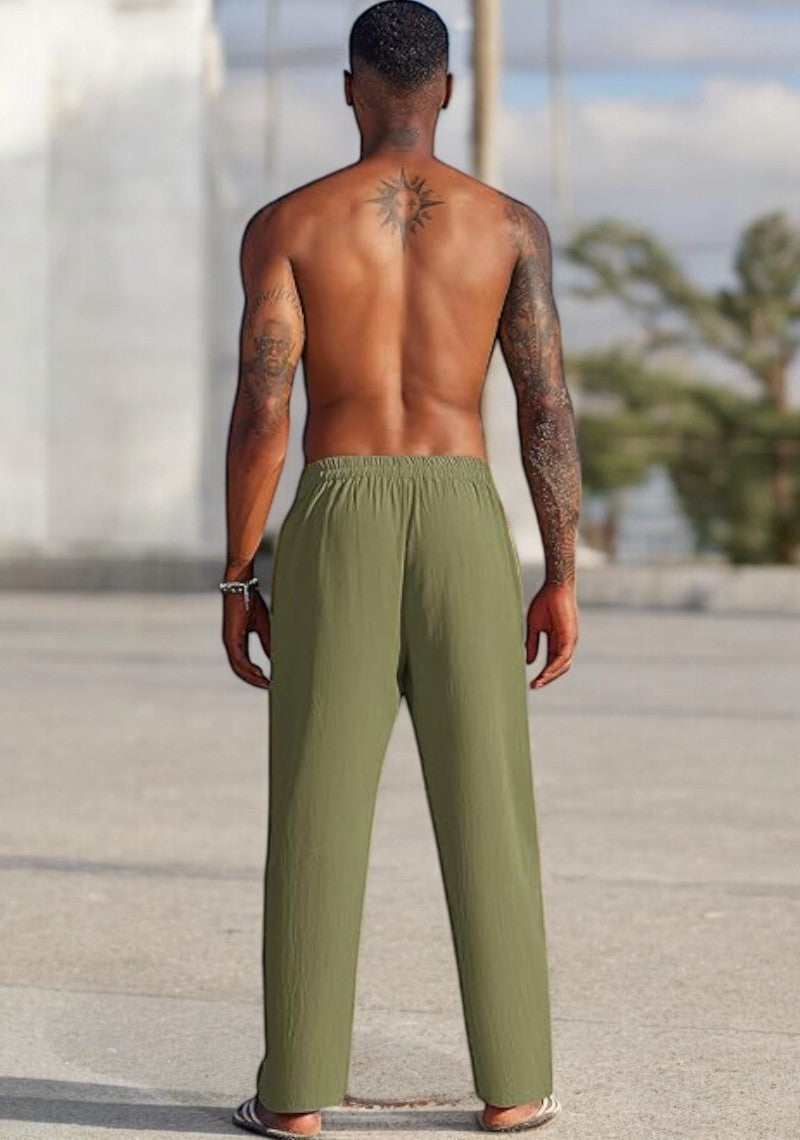 Combo of 2 Linen Loose Fit Men Pant Olive Green and Beige