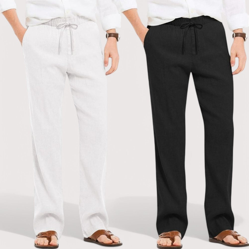 Combo of 2 Linen Loose Fit Men Pant White and Black